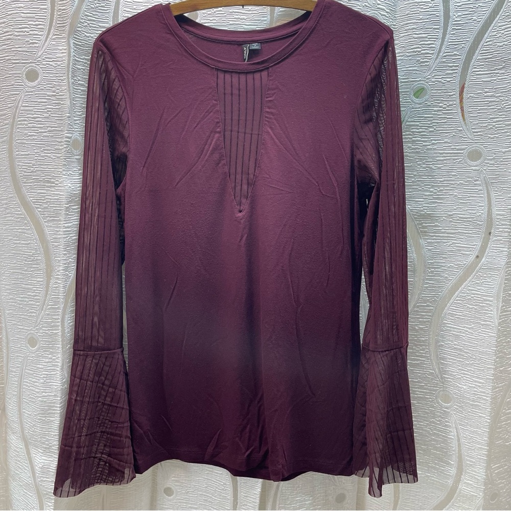 ONLY Niella Mesh Long Sleeve Top Womens Medium Burgundy Bell Sleeve‎ Excellent